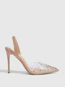 CUCCOO SZL Women's Fashionable Apricot Rhinestone Ankle Strap Pointed Toe Stilettos, Suitable For Commute, Date, Party, Holiday, Wedding - Apricot - View 5