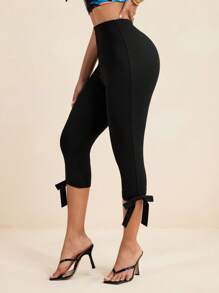 LUNA B Black Solid Color Elastic Waist Bow Carpi Pants Women Summer Vacation Beach Set Yoga Pants