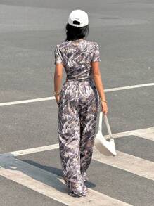 INAWLY 2pcs Women's Camouflage Short Sleeve Top And Pants Set, Minimalist & Fashionable, Suitable For Summer