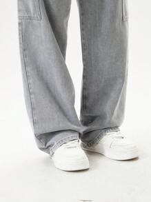 SHEIN Teen Boys' Casual Straight-Leg Light Grey Denim Jeans