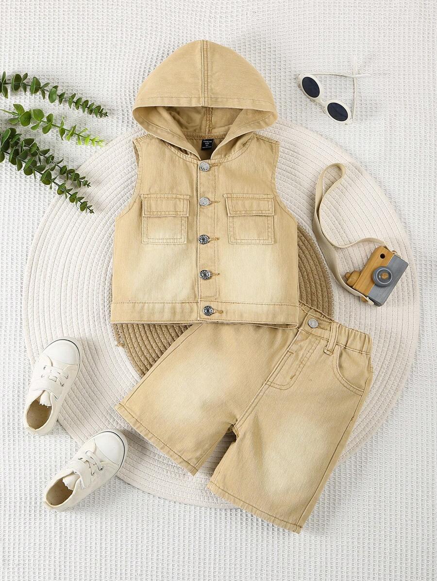 2 Pieces Boys Denim Outfit - And Stylish Casual Vest And Shorts Set - Khaki - View 1