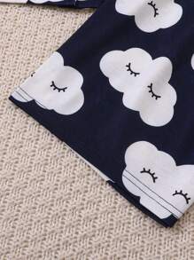 2pcs Girls Cute Cloud Print Shorts And Button Short Sleeve Cardigan Set, Leisure & Flame Retardant Pajama - Navy Blue - View 6