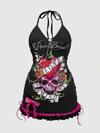 J-Fashion Plus Size Y2K Skeleton Rose Print Backless Mini Halter Neck Dress
