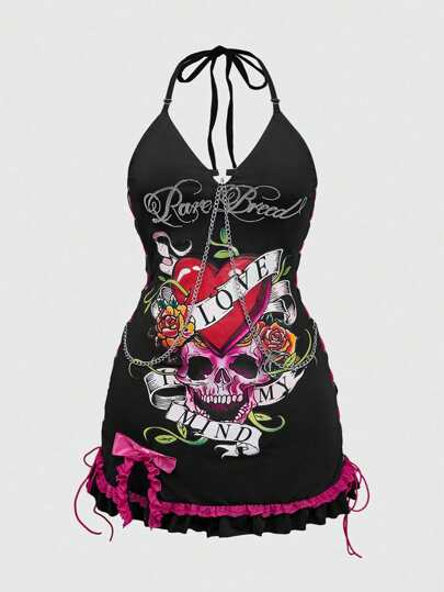 J-Fashion Plus Size Y2K Skeleton Rose Print Backless Mini Halter Neck Dress