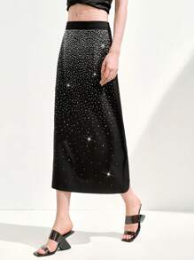 SHEIN LUNE Women's Black Long Woven Fabric Skirt With Rhinestone Embellishments Fall Cloth For Women - Black - View 4