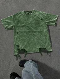 PAVTROS เสื้อยืดผู้ชายทรงไม่สมมาตร Cut Hole Tassel Washed Snowflake, เสื้อผ้าผู้ชายฤดูใบไม้ผลิและฤดูร้อน, เสื้อยืดทรงใหญ่สไตล์บอยเฟรนด์สำหรับผู้ชาย, สไตล์ปี 2000