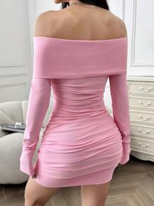 SHEIN EZwear Women's Solid Color Long Sleeve Ruffle Off Shoulder Midi Dress