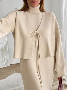 EURMUSE Ensemble deux pièces pour femmes avec robe pull sans manches à col montant et cardigan en maille, ensemble deux pièces beige, ensemble deux pièces crème, ensemble pull deux pièces pour femmes, ensemble coordonné, vêtements d'hiver - Beige - Voir 7