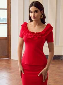 ZEYLAH Camiseta elegante de mujer de unicolor con cuello con volantes en capas y mangas cortas - Rojo - Ver 4