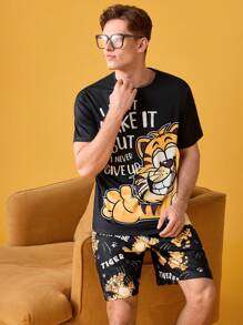 Funny Printed T-Shirt & Cartoon Tiger Loungewear Set For Men - Black - View 3