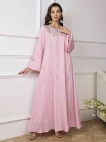 Al Najma Modest Pink Long Kaftan: Embroidered Woven Fabric Dress With Scoop Neckline And Wrist-Length Sleeves, Perfect For An Elegant Look - Pink - View 6