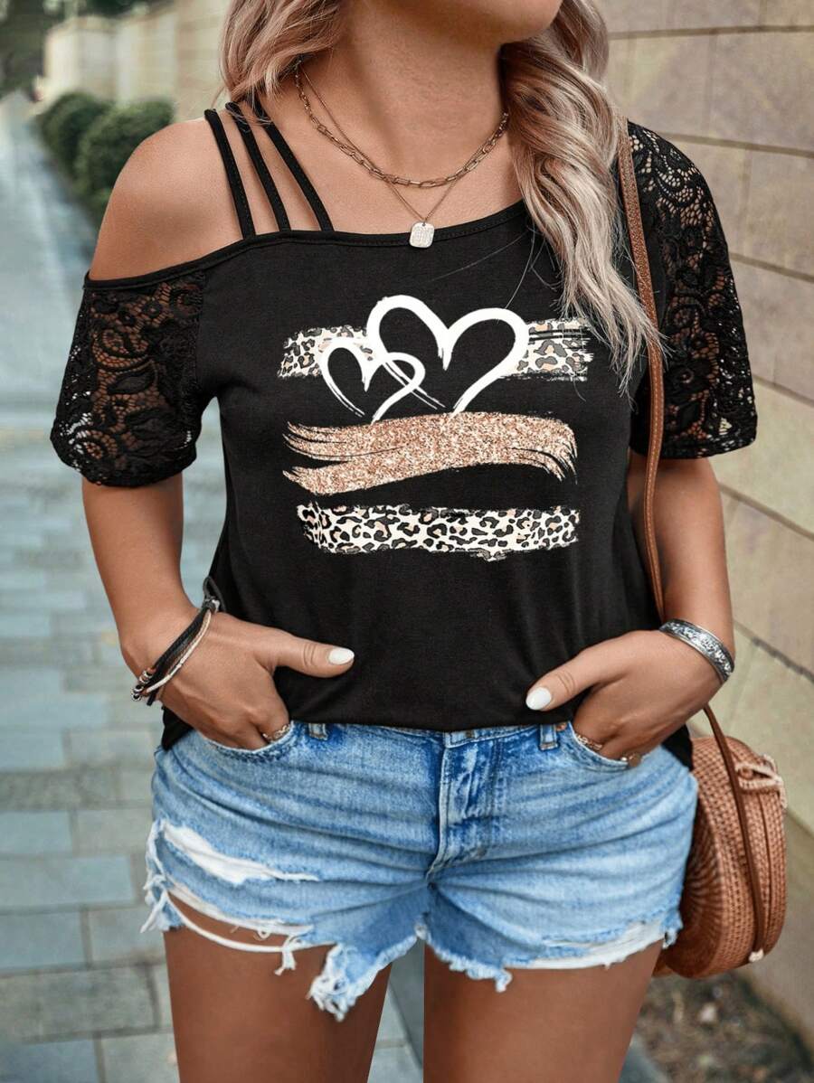 INAWLY Plus Size Asymmetrical Neck Lace Short Sleeve Leopard Heart Print Casual T-Shirt For Spring/Summer