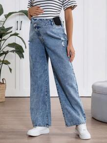 SHEIN Maternity Loose Straight Leg Blue Jeans,Mother Day/Mom/Mother/ Mommy/Mother's Day/Mama/Mum/Mother's Day Gift,Summer / Summer Outfits For Women/ Summer Clothes / Cute Summer Tops/ Summer Bottoms/Summer For Women - Blue - View 6