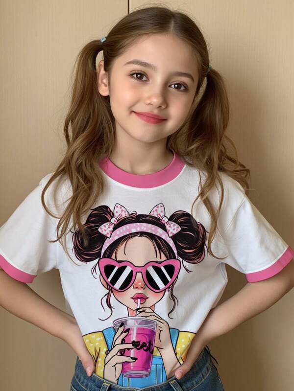 SHEIN Cute Summer Cartoon Girl Print, Pink Splice, Tween Girl Casual Minimalist Short Sleeve Round Neck T-Shirt, Suitable For Summer