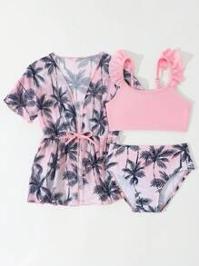Baby Girl Solid Color Ruffle Cover Up + Palm Tree Printed Triangle Bikini Swimsuit And Short Sleeve Cover-Up Beach Outfit - Multicolor - View 5