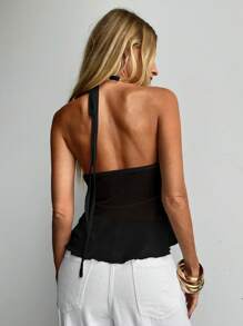 Aloruh Chaleco sin espalda y con cordón de lazo de unicolor y con decoración sexy sin espalda para mujer, Camiseta sin espalda y ceñida de maya blanca para playa, fiesta y festival de música