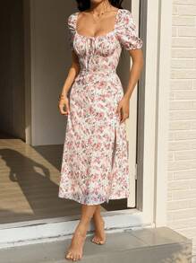 SHEIN Unity Women's High Slit Floral Print Casual Vacation Bellflower Dress For Spring/Summer Maxi Women Outfit - Pink - View 4