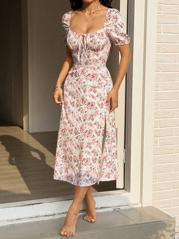 shein floral dress SHEIN MOD Floral Print Puff Sleeve Dress