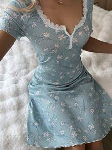 CottageSlumber Lace Patchwork Square Neck Double Button Ditsy Floral Knit Short Sleeve Nightgown Perfect Summer - Multicolor - View 1