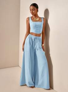 Zivah 2pcs Spring/Summer Vacation Casual Fishbone Straps Crop Top And Wide Leg Pants With Pockets Set - B, Textured Fabric Island Vacation Outfits - Blue - View 5