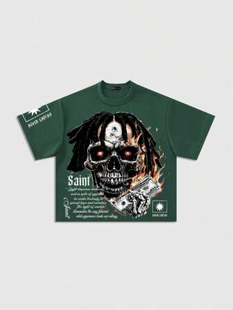 Grunge Punk Camiseta gráfica holgada de hombros caídos para hombre, estilo callejero retro