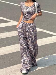 INAWLY 2pcs Women's Camouflage Short Sleeve Top And Pants Set, Minimalist & Fashionable, Suitable For Summer