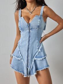 SHEIN ICON Women's Zipper Front Patchwork With Fringe Trim Casual Denim Jumpsuit Dress - Light Wash - View 4