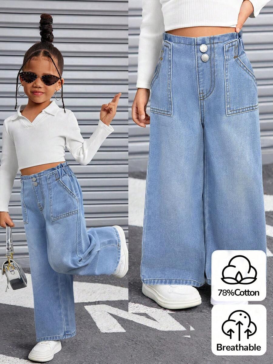 SHEIN Young Girl's Distressed High Waist Wide Leg Jeans - Light Wash - View 1