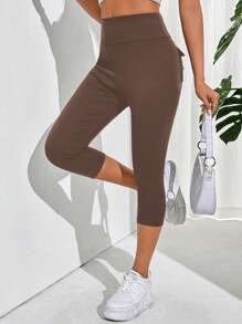 SHEIN Essnce Quần legging cạp rộng màu trơn có túi gấp dài 3/4 cho nữ - Màu nâu  Mocha - Xem 4