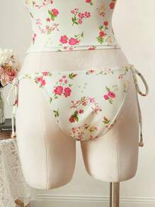 SHEIN MOD Women's Floral Print Halter Bikini Set: Ruched Semi-Sheer Swimsuit Fabric With Short Casual Style For Summer Beach Days, Cute, Kawaii