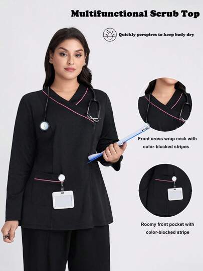 Scrubzie 大码女式撞色缝线玫瑰红修身弹力长袖/医疗手术制服上衣