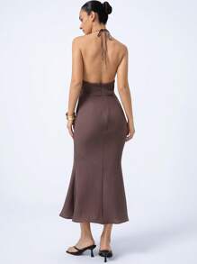 SHEIN Privé Sleeveless Keyhole Neck Bodycon Long Dress For Women, Slimming - Mocha Brown - View 3