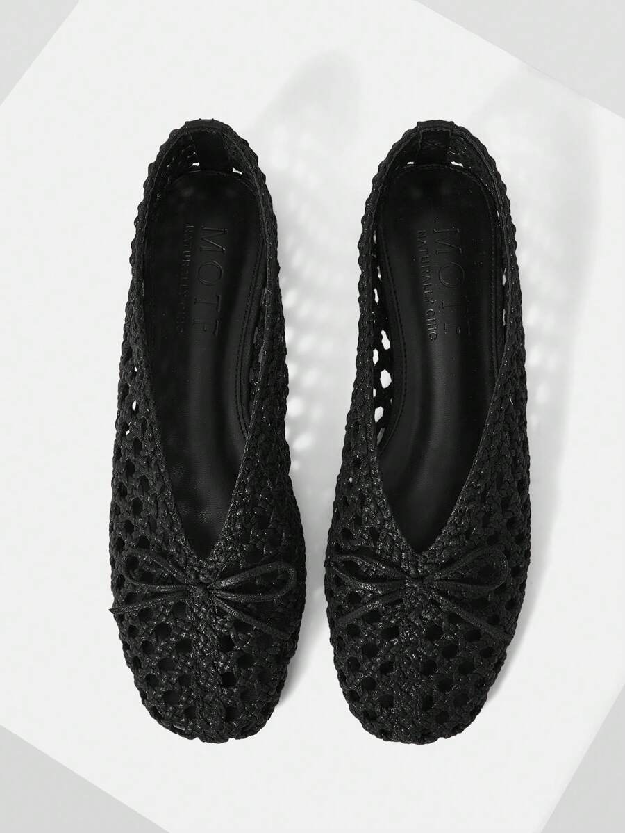MOTF PREMIUM BLACK HOLLOW OUT BOW DECOR FLATS FOR CHRISTMAS SPRING SHOES - Black - View 1