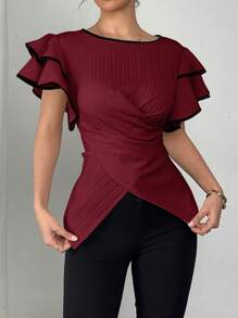 SHEIN Clasi 女士双层荷叶边袖系腰衬衫 - 酒紅色 - 查看 5