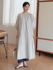 Dazy-Less Abito estivo casual da donna, dritto, in tessuto a blocchi di colore, con colletto alto, coulisse con lacci in vita, lunghezza midi