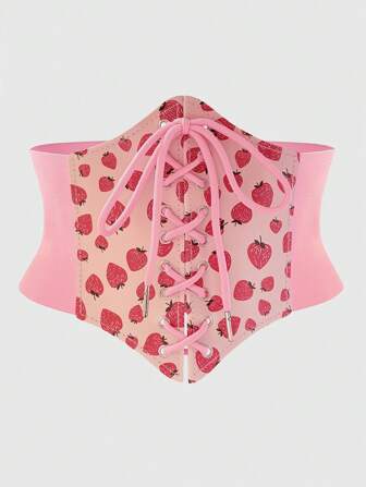 Kawaii 1 pièce Ceinture élastique rose imprimée de fraises pour femme avec boucle et sangle hexagonale. Accessoire polyvalent pour taille à porter au quotidien