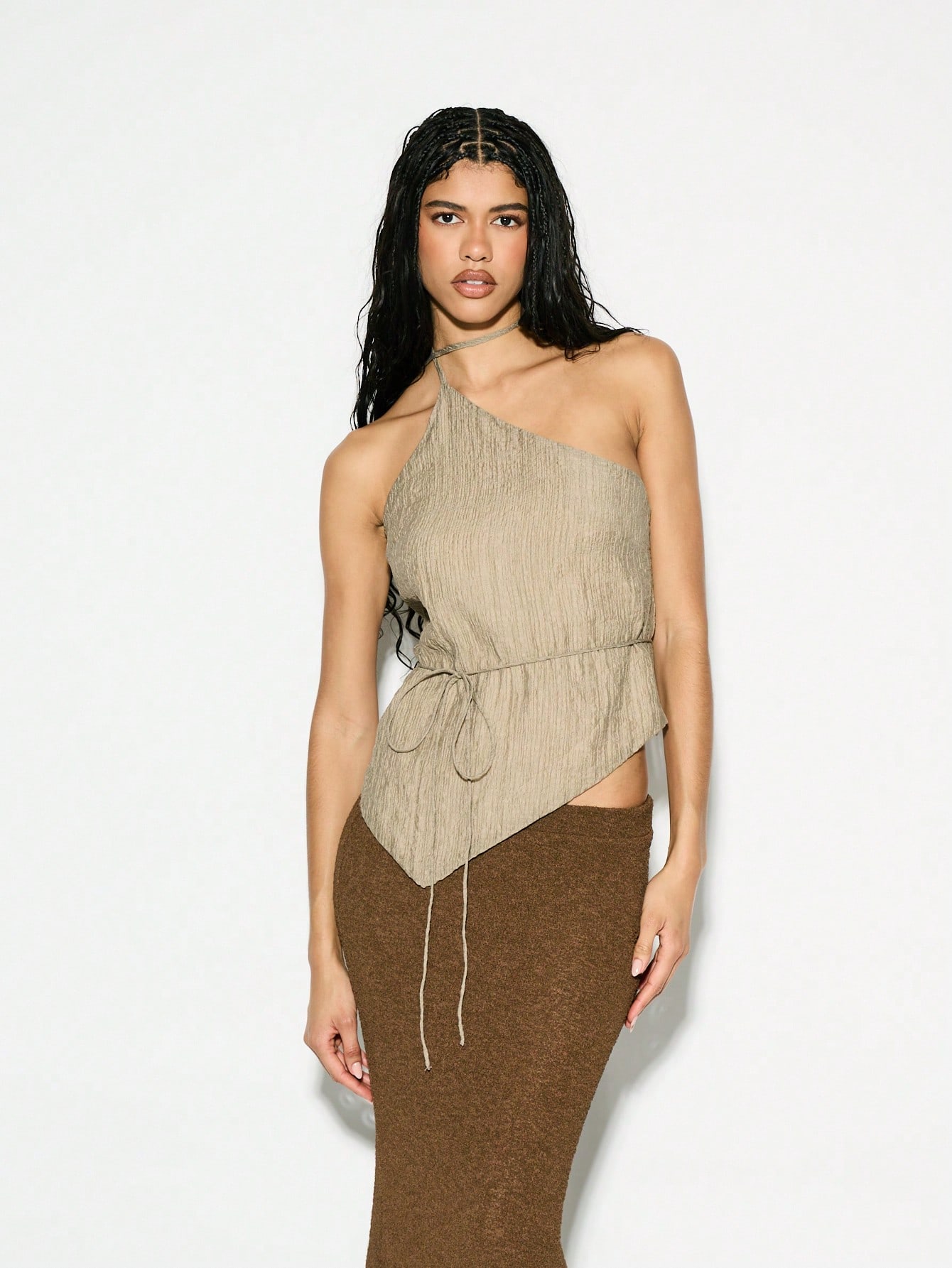 KIZN Asymmetric One Shoulder Crinkle Tie Detail Sleeveless Women Top