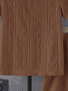 SHEIN 2 件青少年男童舒适休闲风格纹理面料 Polo 领拉链短袖上衣和短裤套装，适合外出、街头、派对和城市漫步，春季穿着 - 棕色 - 查看 7