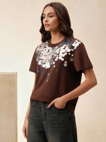 Anewsta Women's Round Neck Short Sleeve Regular Length Elegant Sequin T-Shirt, Spring Summer For Women