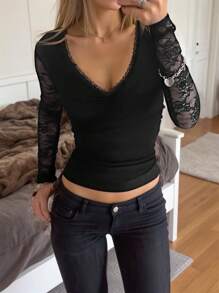 SHEIN EZwear 女士时尚性感纯色蕾丝拼布衬衫