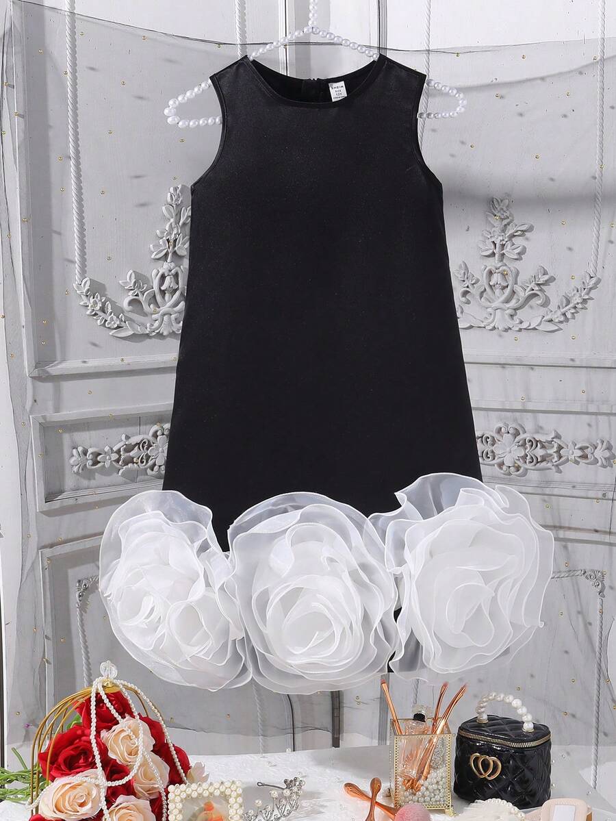 Girls 3D Floral Bow Sleeveless A-Line Mini Dress - Black - View 1