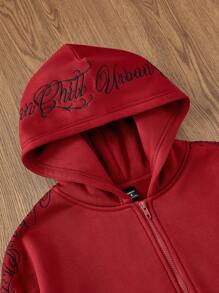 Manfinity VCAY Men's Knitted Casual Loose Fit English Embroidered Long Sleeve Hoodie, Fashionable Daily Wear, For Fall Winter - Burgundy - View 4