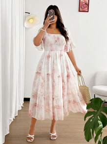 SHEIN Clasi Vestido largo y vaporoso de gasa con estampado floral y cuello cuadrado para mujer de talla grande - Rosa - Ver 5
