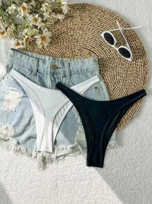 Swim Basics 2pcs/Set Women's Solid Black And White Sexy Slim-Fit Bikini Swimsuit Bottom