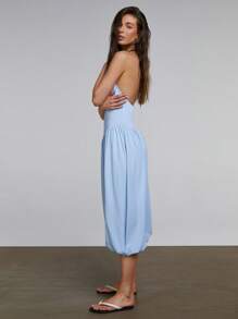 Athîral Women's Solid Color Backless Spaghetti Strap Casual Mid-Length Sleeveless Dress - Blue - View 3