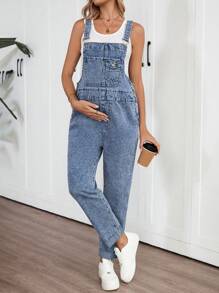 SHEIN Maternity Blue Denim Cuffed Overalls,Mother Day/Mom/Mother/ Mommy/Mother's Day/Mama/Mum/Mother's Day Gift,Summer Tops / Summer Outfits For Women / Summer For Women / Summer Clothes Mother's Day / Mother's Day,4th Of July,Graduation Outfit,Brunch Outfits For Women, - Blue - View 4