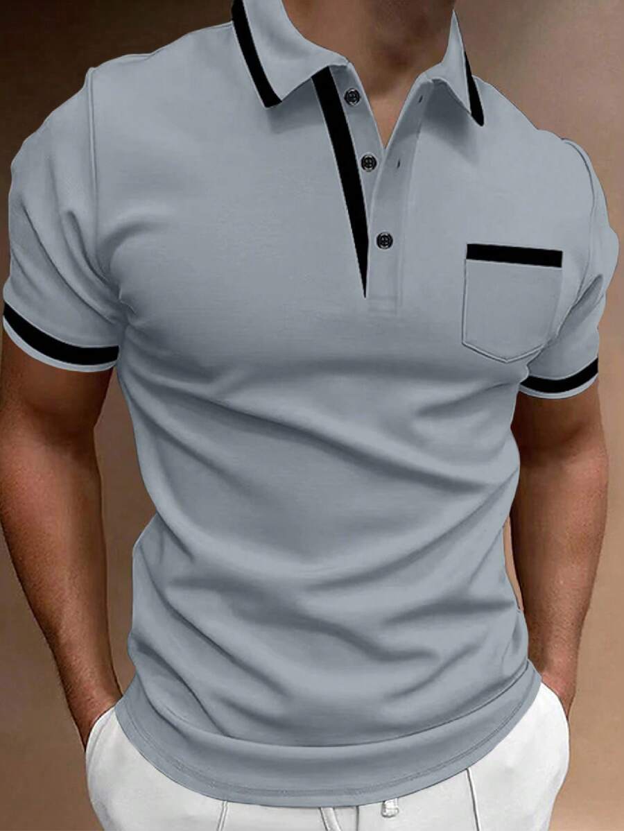Calvornis Camisa polo de manga corta con ribete de contraste, estilo simple y moda, apta para el verano - Gris - Ver 1