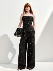 Arave Pantaloni a gamba larga da donna, di colore unito con decorazioni in finta perla, di moda per l'estate, set da 2 pezzi, pantaloni, casual business per donna