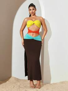 Sirith Vestido ajustado sexy de verano de bloques de color con diseño retorcido y hueco - Multicolor - Ver 1