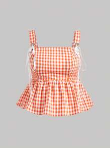 SHEIN MOD Camolă cu fundă drăguță în carouri de mărime mare pentru femei Plus Topuri Bluze pentru femei Bluză de lucru pentru femei Topuri de vară pentru adolescenți Topuri drăguțe de vară pentru femei